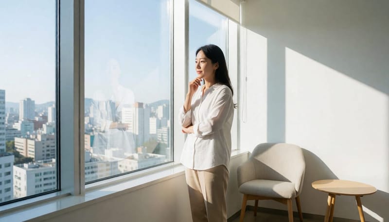 창가에서 다음 선택을 고민하며 생각에 잠긴 여성