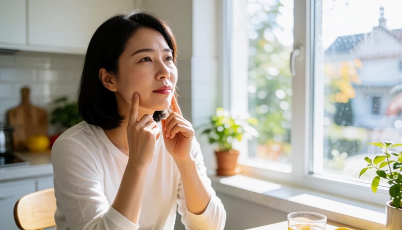 필러 맞은 부위를 손으로 만지며 신경 쓰는 표정의 여성