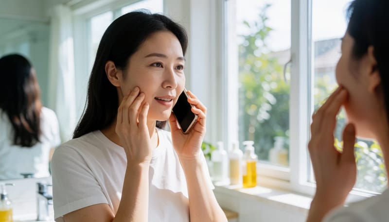 통화 중 무심코 뺨을 만지며 뭉침을 확인하는 여성