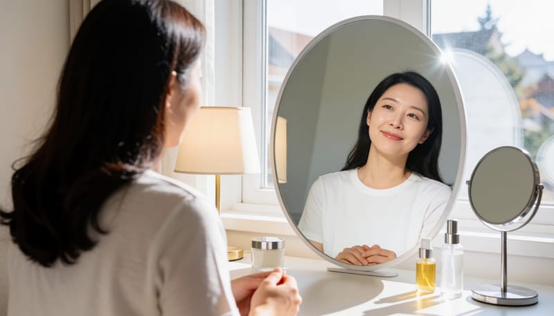 거울 앞에서 표정을 지으며 얼굴 상태를 살피는 여성