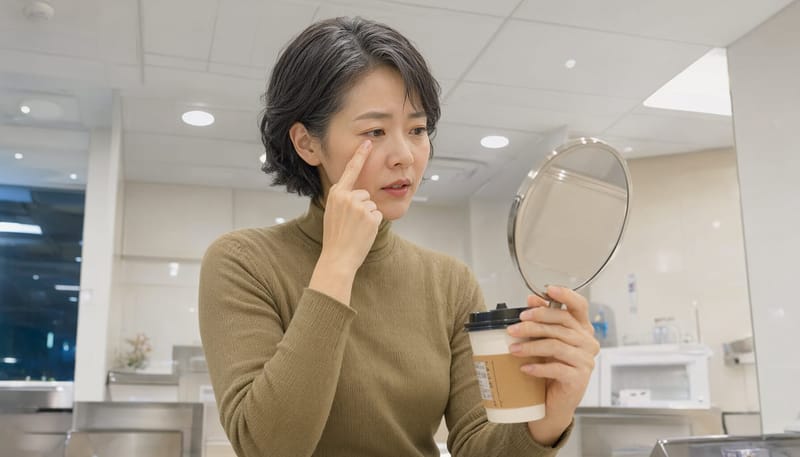 직장 휴게실에서 거울을 보며 눈 밑을 만지는 40대 여성