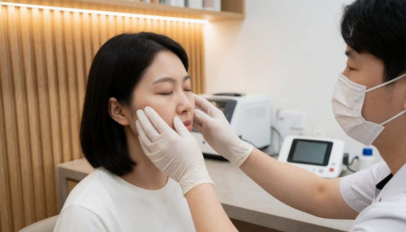 의료진이 장갑 낀 손으로 환자의 얼굴 윤곽을 진찰하는 장면