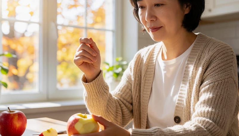 환절기 가을볕 아래 사과를 깎다 손을 멈춘 중년 여성의 모습