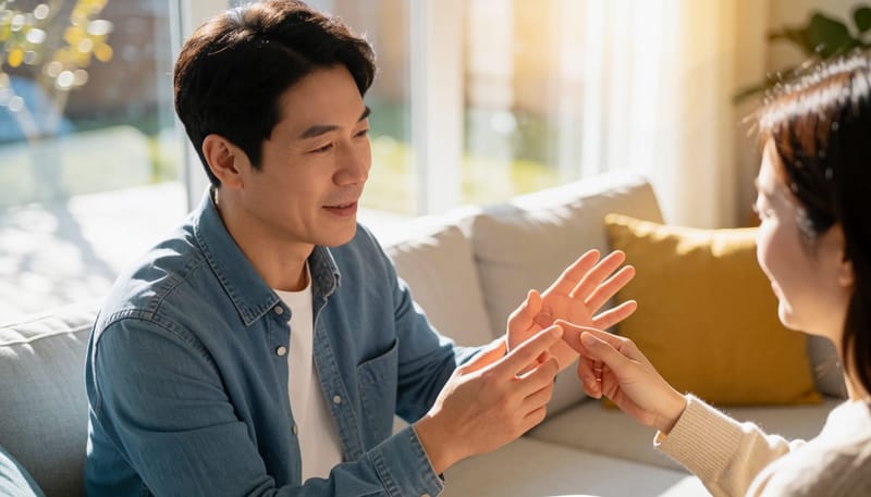 집에서 손가락을 천천히 구부리며 상태를 확인하는 남성