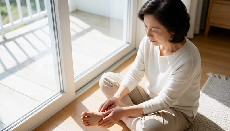 집에서 발바닥 상태를 차분히 살펴보는 여성