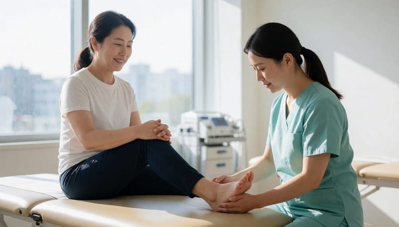병원에서 물리치료사가 발바닥 아치를 검진하는 모습