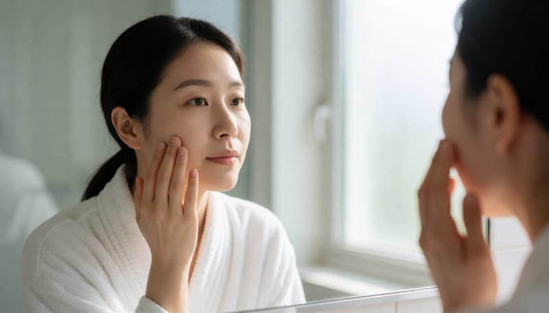 거울 앞에서 얼굴 좁쌀 같은 것을 손으로 만지며 살펴보는 여성