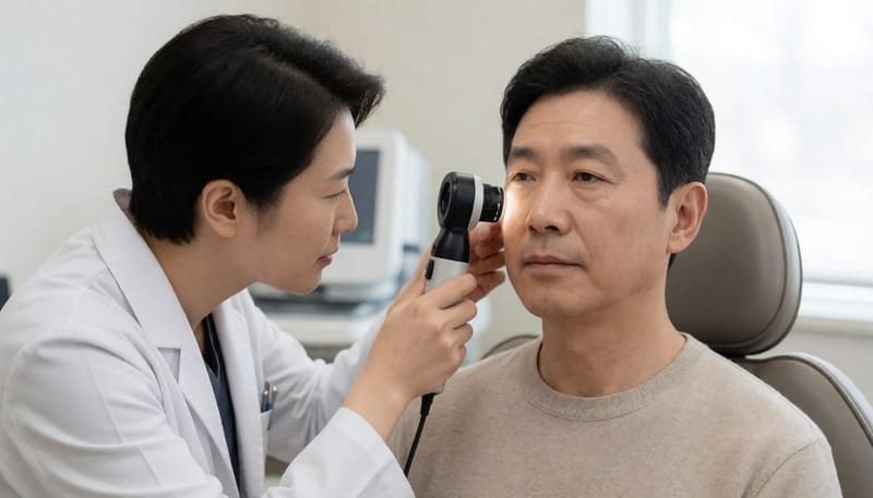 피부과 의사가 확대경으로 환자의 피부를 관찰하는 진료 장면