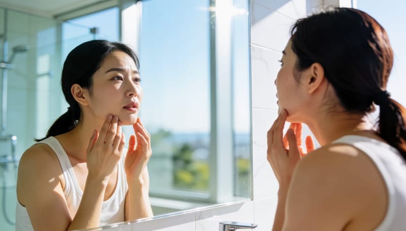 거울 앞에서 목과 턱선의 살색 돌기를 자세히 살펴보는 여성