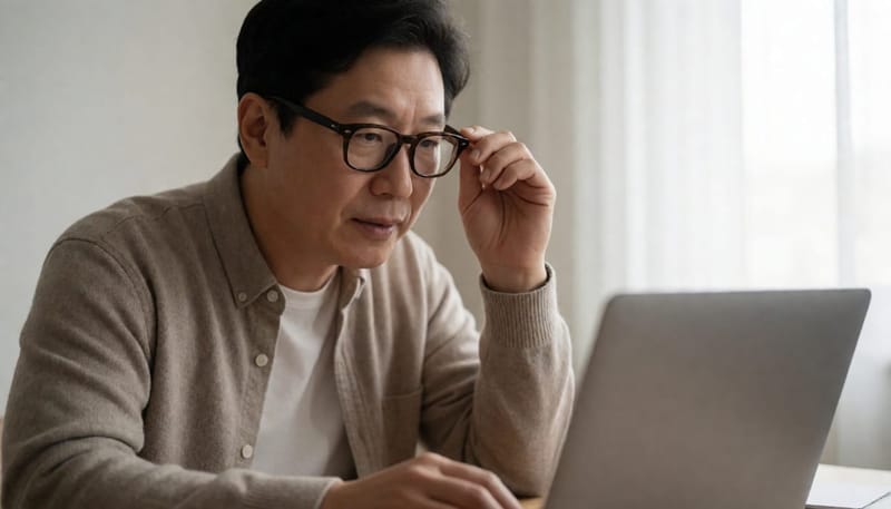 40대 남성이 두꺼운 안경을 쓰고 눈을 찡그리며 화면을 가까이 들여다보는 모습