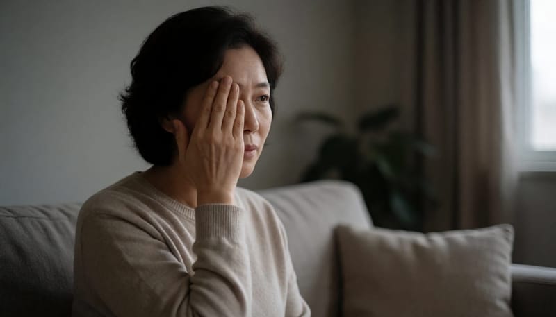 여성이 한쪽 눈을 가리고 걱정스러운 표정으로 시야를 확인하는 모습