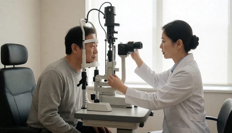 안과 진료실에서 세극등 검사기에 얼굴을 대고 정밀검사를 받는 환자와 의사