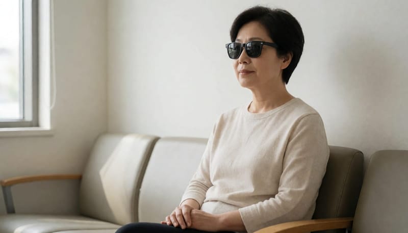 산동제 검사 후 어두운 보호안경을 쓰고 대기실에 앉아 있는 여성
