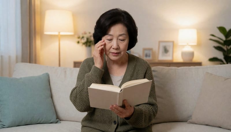 독서 중 갑자기 늘어난 눈앞 검은 점을 알아채고 당황하는 여성