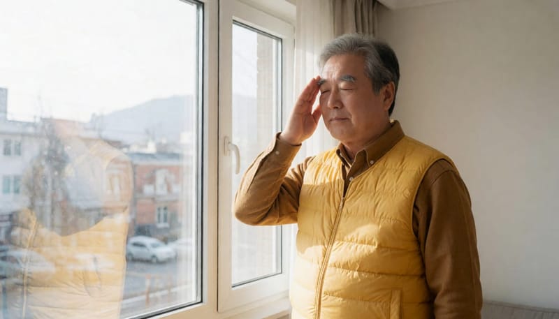 집에서 눈을 손으로 가리고 쉬는 자가관리 동작을 하는 남성