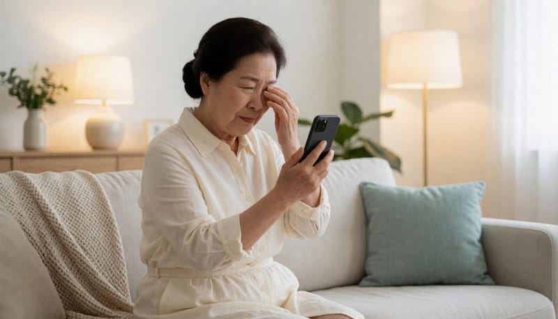 검은 점을 단순 눈 피로로 여기고 눈을 비비며 스마트폰을 보는 여성