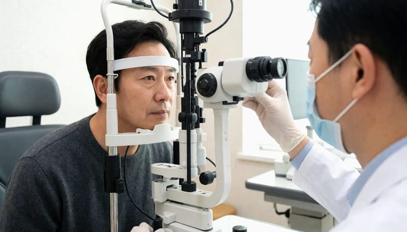 안과에서 세극등 검사를 받는 남성과 뒷모습의 의료진