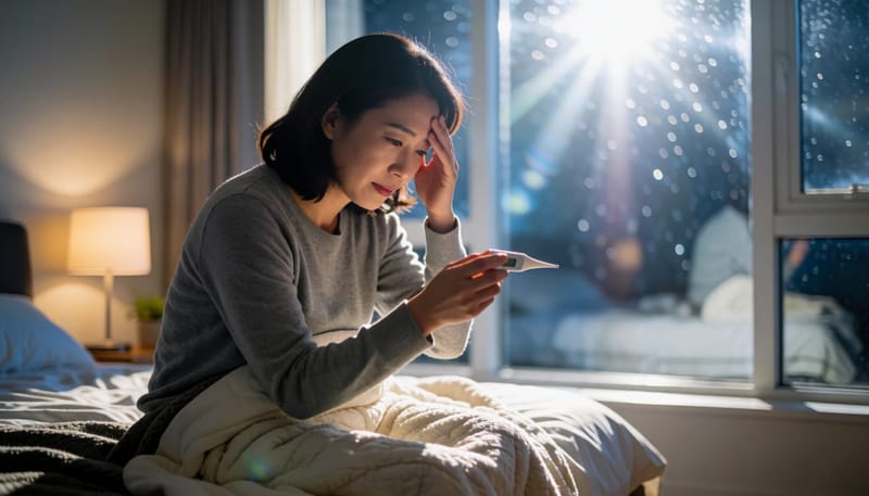 밤에 침대에 앉아 체온계를 확인하며 고민하는 여성