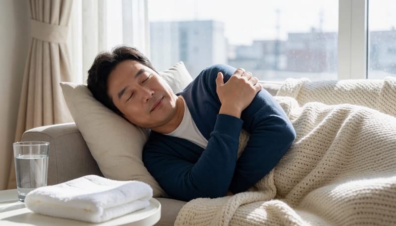 온몸이 쑤셔 소파에 누워 있는 남성