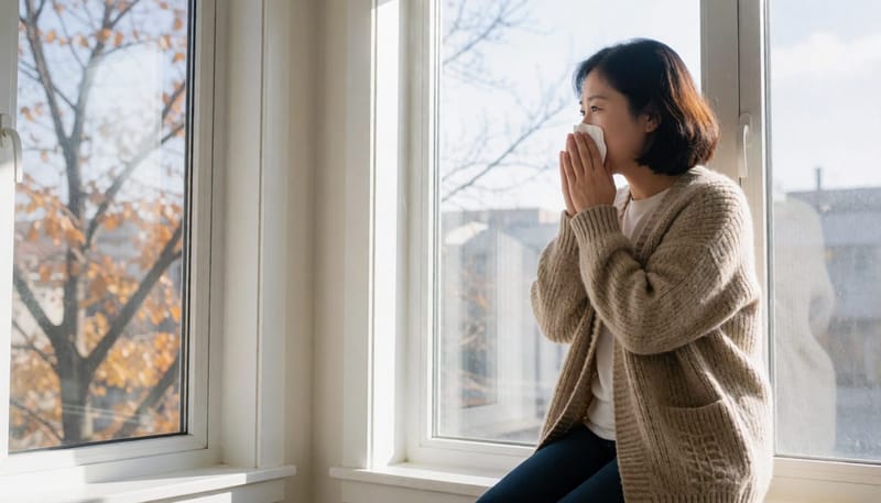 쌀쌀한 환절기 창가에서 몸살 기운에 몸을 움츠린 여성