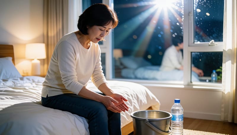 밤에 침대에 앉아 복통 신호를 살피며 배를 짚어보는 여성