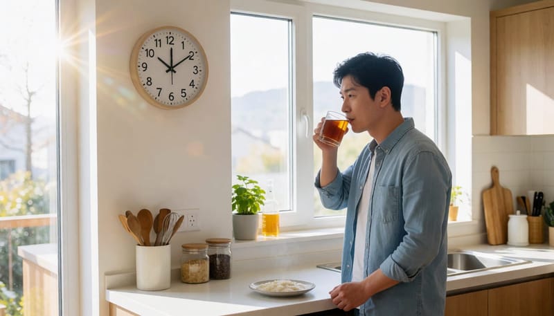시간대에 맞춰 죽과 따뜻한 차로 속을 다스리는 남성과 벽시계