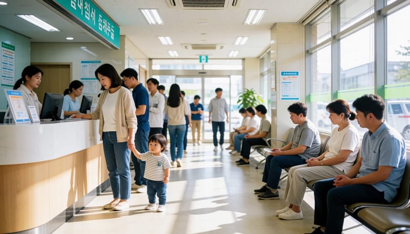상황별 접종을 위해 병원을 방문한 가족의 대기실 사진