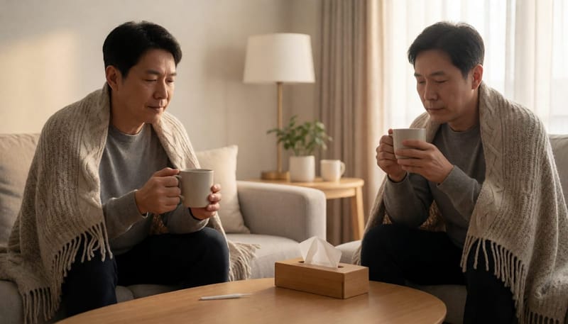 가벼운 증상으로 집에서 휴식을 취하는 남성