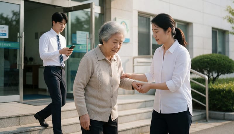 고령자는 서둘러 접종하고 젊은 층은 여유롭게 지나가는 모습