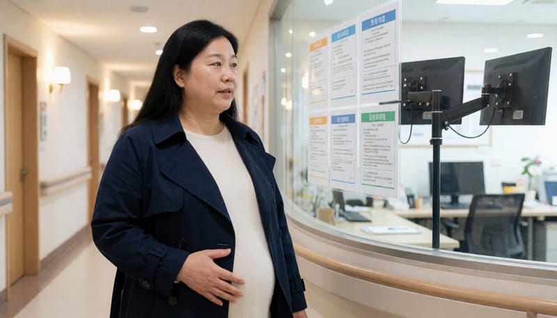 접종 안내문 앞에서 멈춰 서서 고민하는 임신부