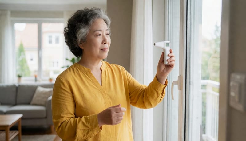 환절기 실내 온도를 확인하며 건강을 살피는 여성