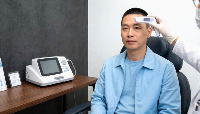 발열 상태를 확인하는 의료진과 환자