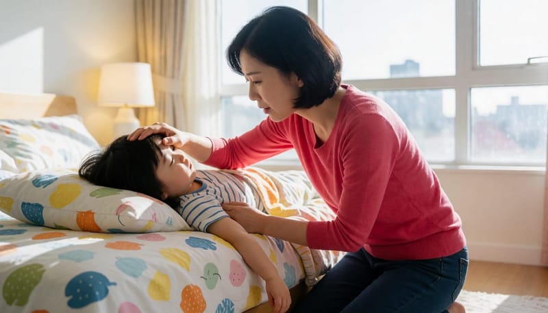 침대에 축 늘어진 아이의 이마를 짚어보는 엄마