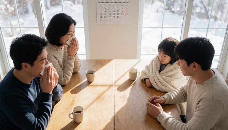 감기 증상과 독감 증상을 겪는 가족을 대비한 장면