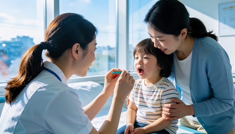 병원에서 목 상태를 진찰받는 아이