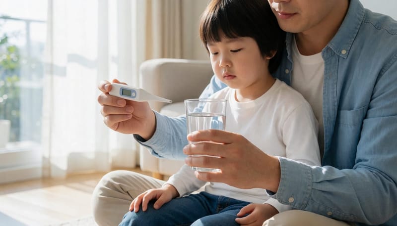 체온계와 물컵을 들고 아이 상태를 확인하는 아빠