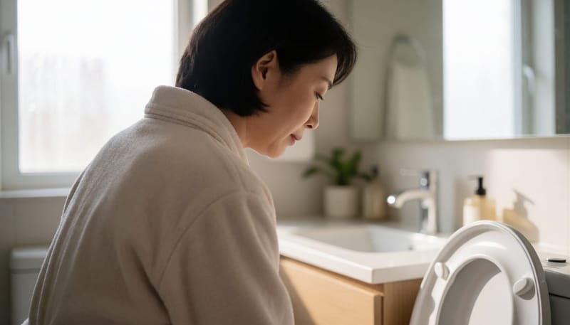 아침 화장실에서 소변 상태를 확인하는 여성의 모습