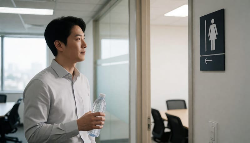 회의 전 화장실이 신경 쓰여 물병을 든 채 복도를 살피는 직장인