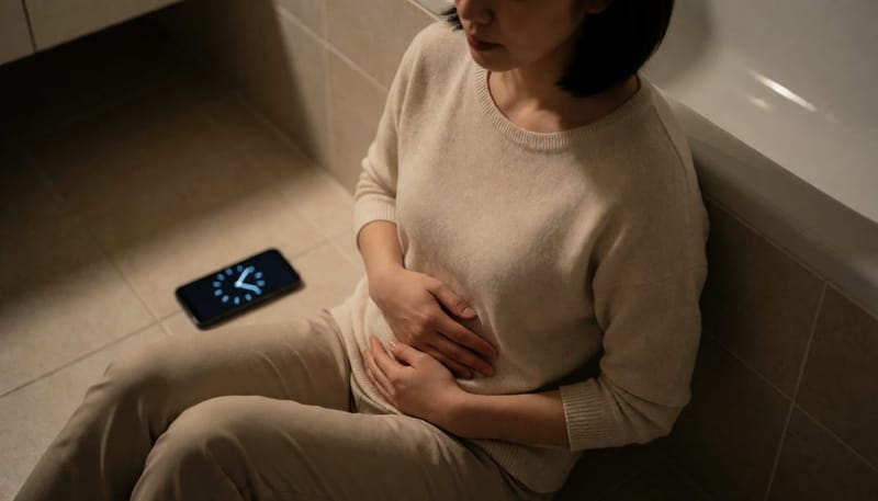 밤늦게 갑작스러운 복통으로 화장실 바닥에 주저앉은 여성