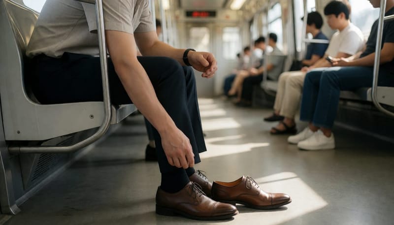 여름철 지하철에서 신발을 벗으려다 망설이는 남성의 발