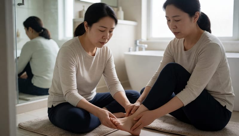 욕실에서 자신의 발바닥 상태를 살펴보는 여성