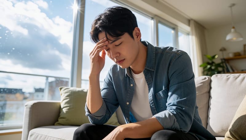 남성이 집 소파에서 이마를 짚고 통증을 참는 듯한 표정을 짓는 모습