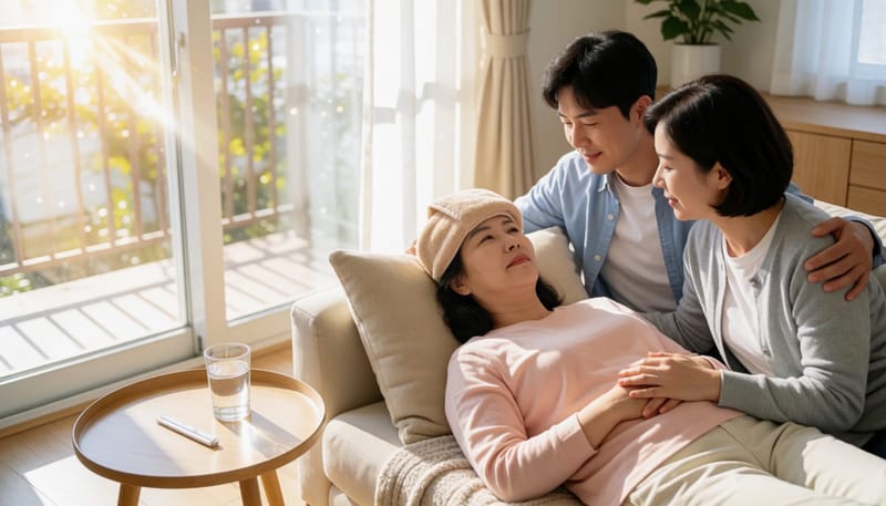 여성이 집에서 이마에 온찜질 수건을 올리고 휴식을 취하는 모습