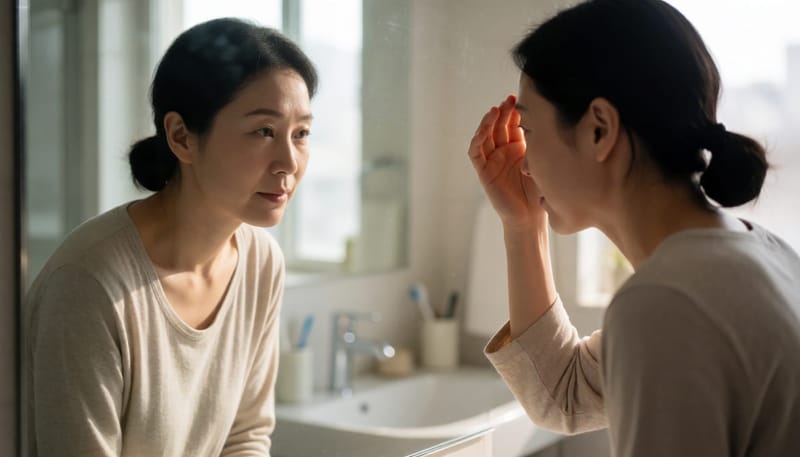 아침 세면대 거울 앞에서 이마를 손끝으로 만져보는 여성의 모습