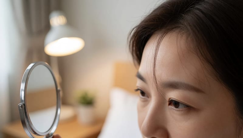 앞머리가 이마에 닿아 있는 모습을 클로즈업으로 보여주는 장면