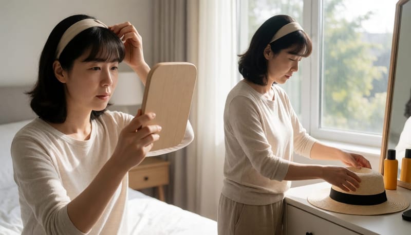앞머리를 넘겨 정리하거나 자외선 차단을 준비하는 여성의 일상 모습
