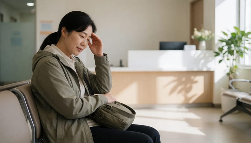 피부과 대기실에 앉아 이마를 신경 쓰며 기다리는 여성의 모습