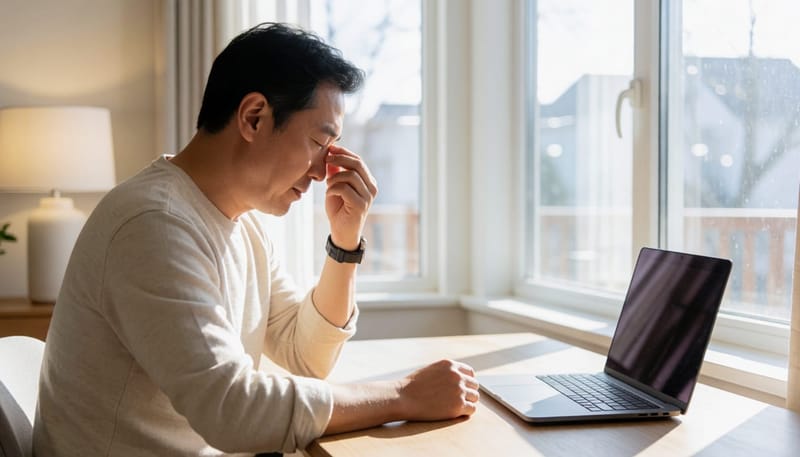 코 주변 압박감에 눈을 감고 미간을 짚는 남성