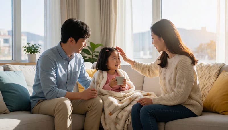 아이의 상태를 살피는 어머니와 소파에 앉은 아이의 모습