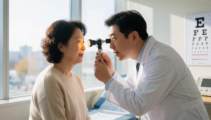 의사가 환자의 코 안을 진료 기구로 살펴보는 모습